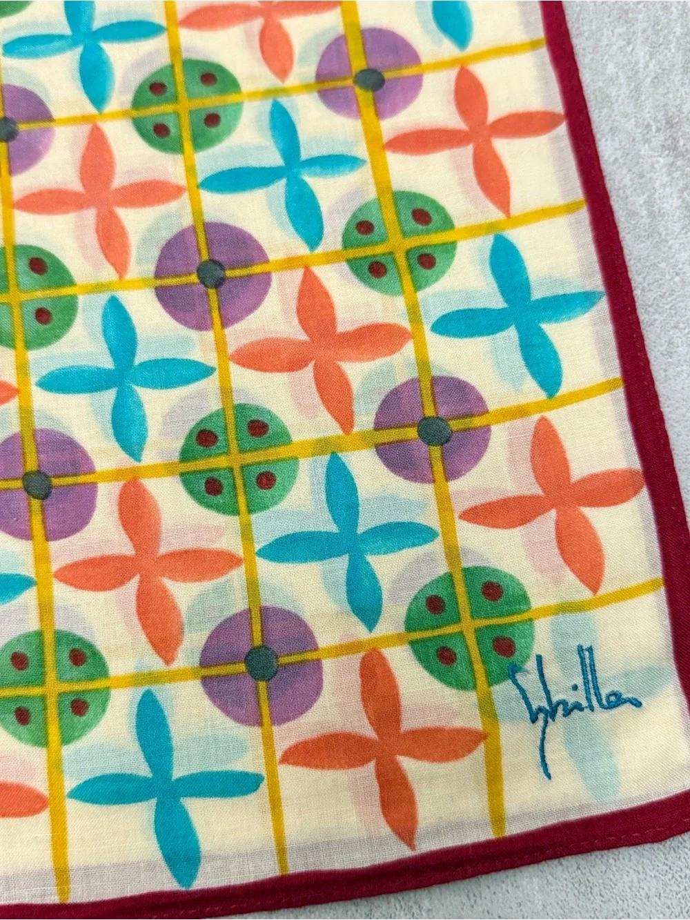 Sybilla vintage handkerchief Multicolor Geometric Cotton Scarf - Cream Base